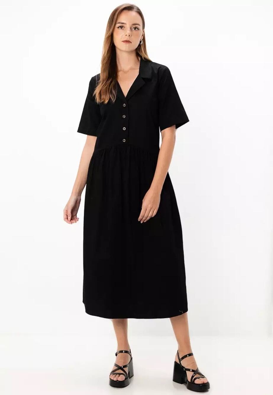 Asos Black Twill Collared Button Short Sleeve Midi A-Line Shirt Dress Size 6